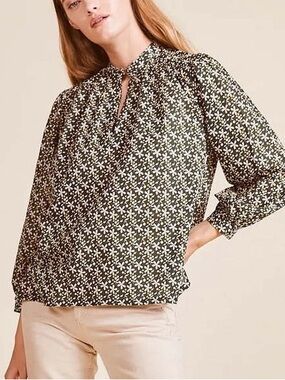 Trovata Birds of Paradis Bailey Blouse Showdrop Ditsy Green Yellow Size M